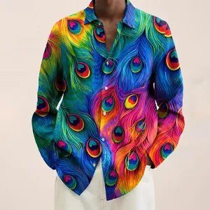 Men's Colorful Peacock Feathers Print Casual Long Sleeve Shirt 2412002660