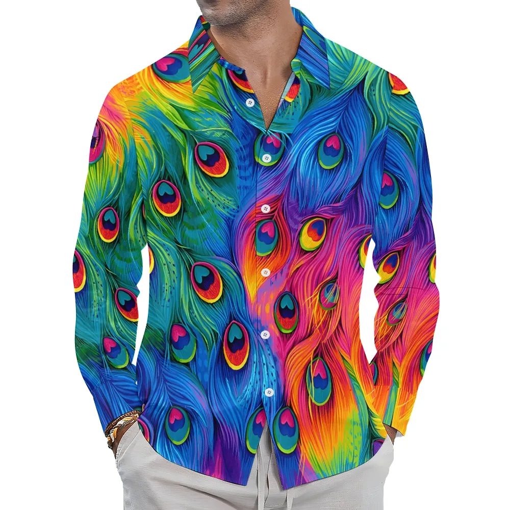 Men's Colorful Peacock Feathers Print Casual Long Sleeve Shirt 2412002660