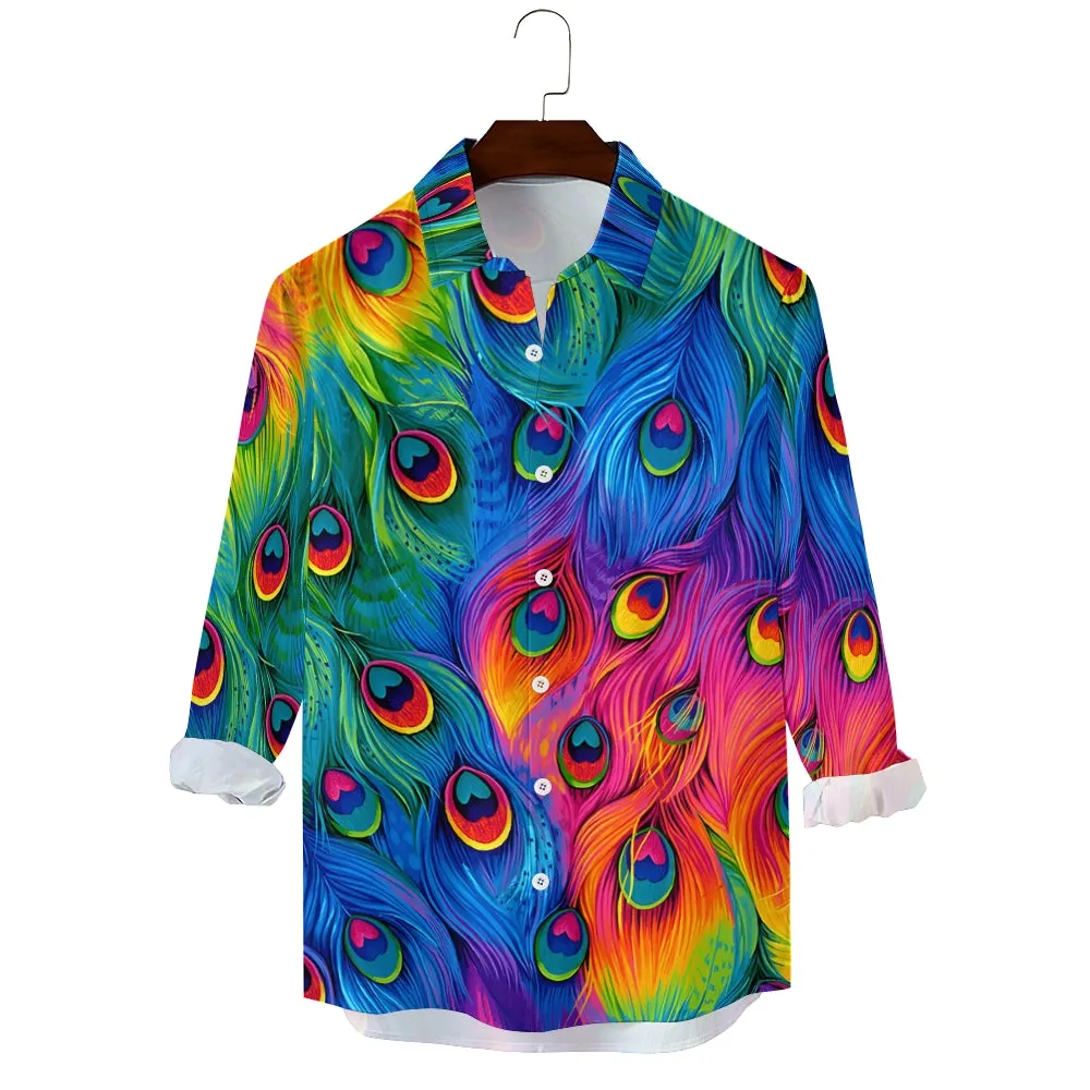 Men's Colorful Peacock Feathers Print Casual Long Sleeve Shirt 2412002660