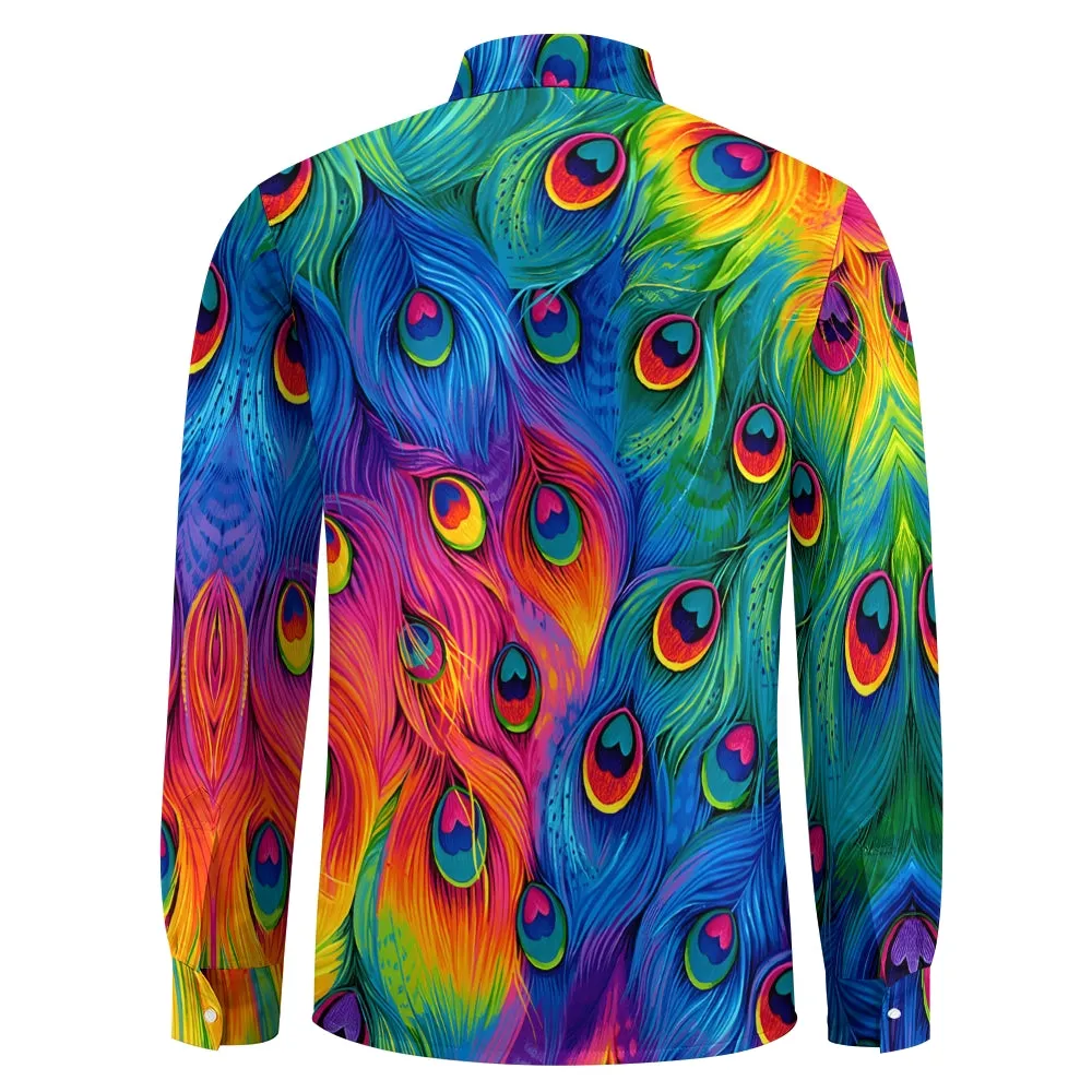 Men's Colorful Peacock Feathers Print Casual Long Sleeve Shirt 2412002660