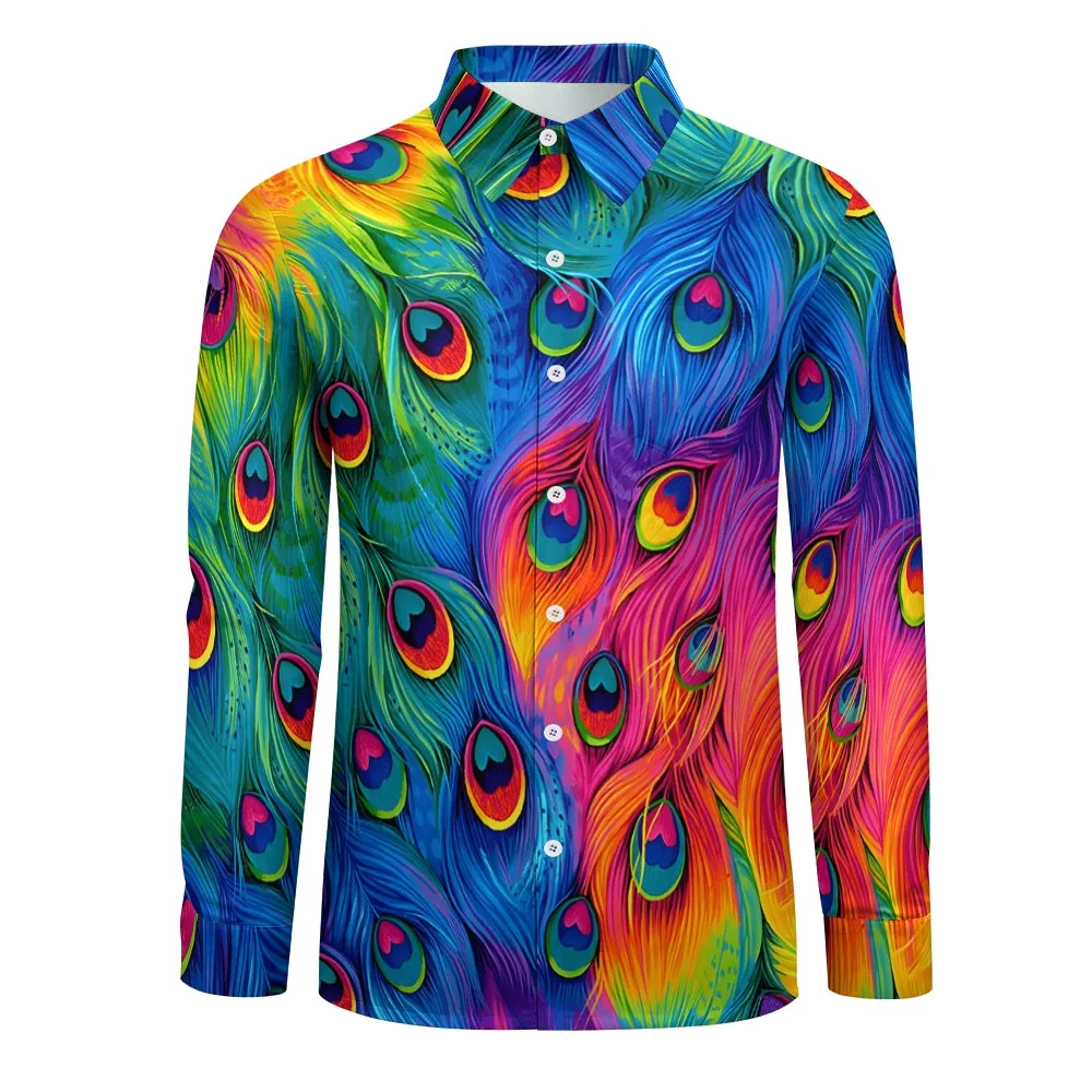 Men's Colorful Peacock Feathers Print Casual Long Sleeve Shirt 2412002660