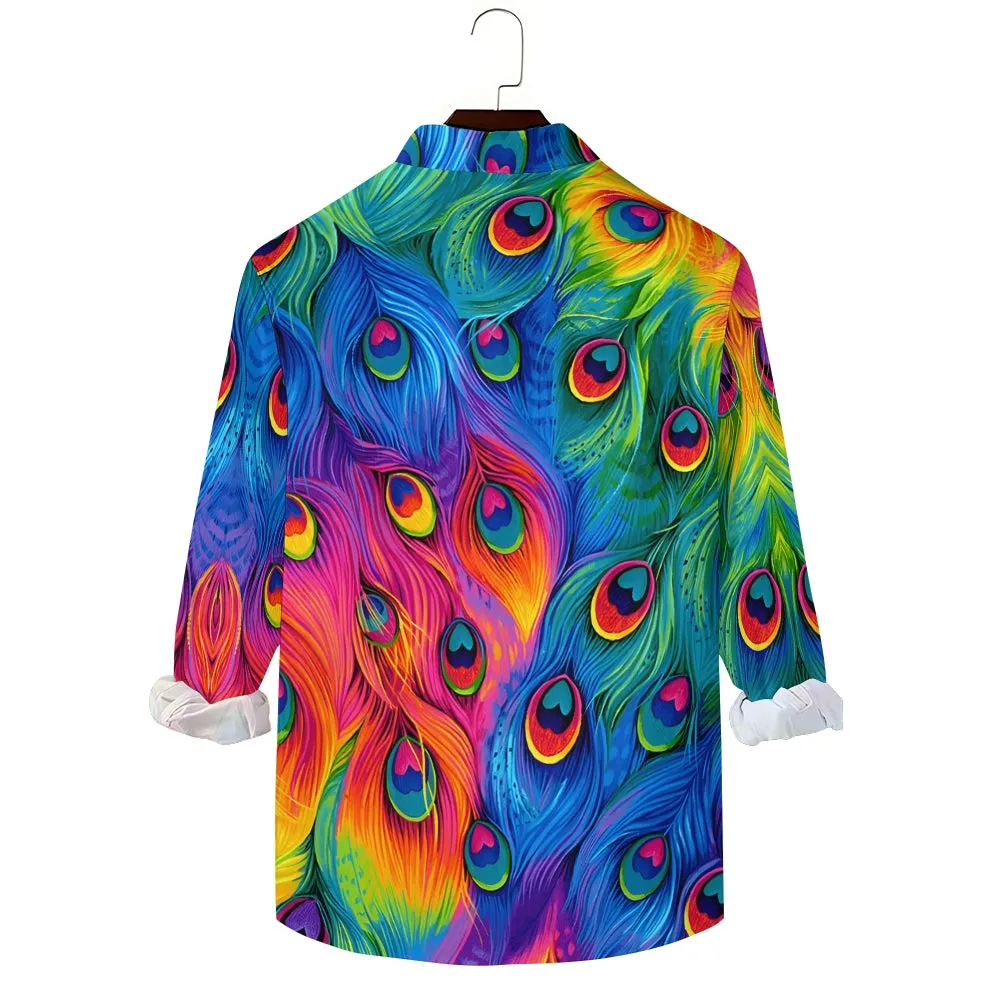 Men's Colorful Peacock Feathers Print Casual Long Sleeve Shirt 2412002660