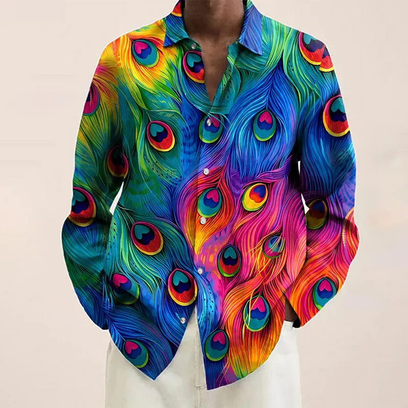 Men's Colorful Peacock Feathers Print Casual Long Sleeve Shirt 2412002660