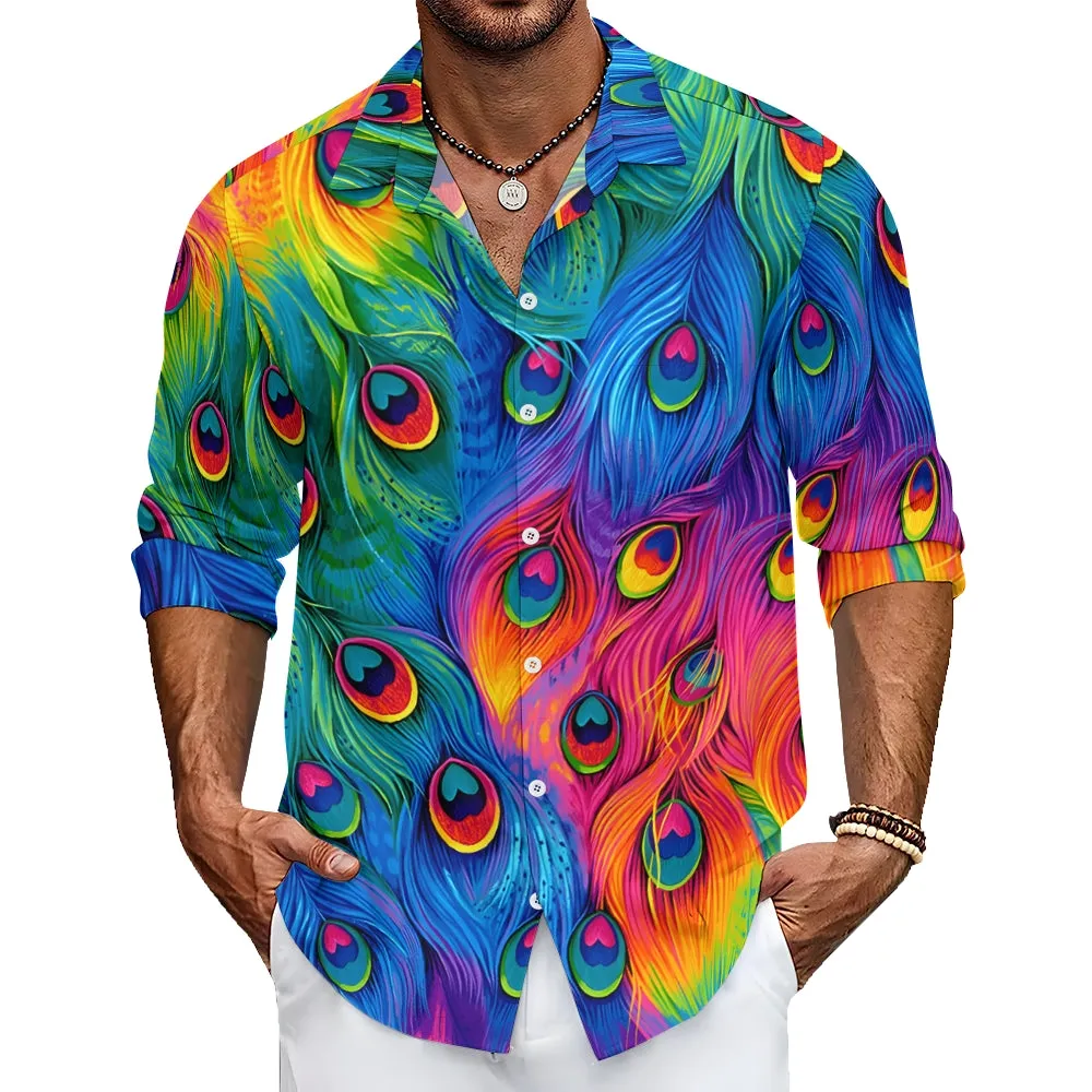 Men's Colorful Peacock Feathers Print Casual Long Sleeve Shirt 2412002660