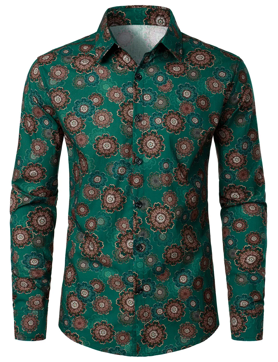 Men's Cotton Retro Floral Print Button Up Long Sleeve Shirt