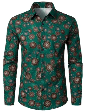 Men's Cotton Retro Floral Print Button Up Long Sleeve Shirt