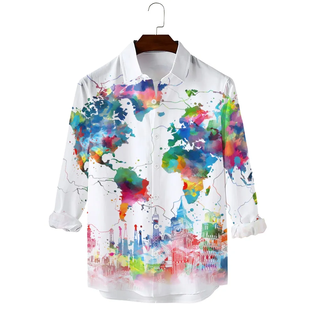 Men's Fashionable Casual Map Print Shirt 2411000212