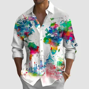 Men's Fashionable Casual Map Print Shirt 2411000212