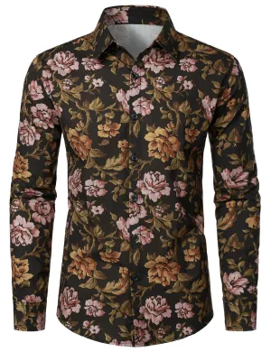 Men's Floral Cotton Button Up Vintage Long Sleeve Dress Shirt
