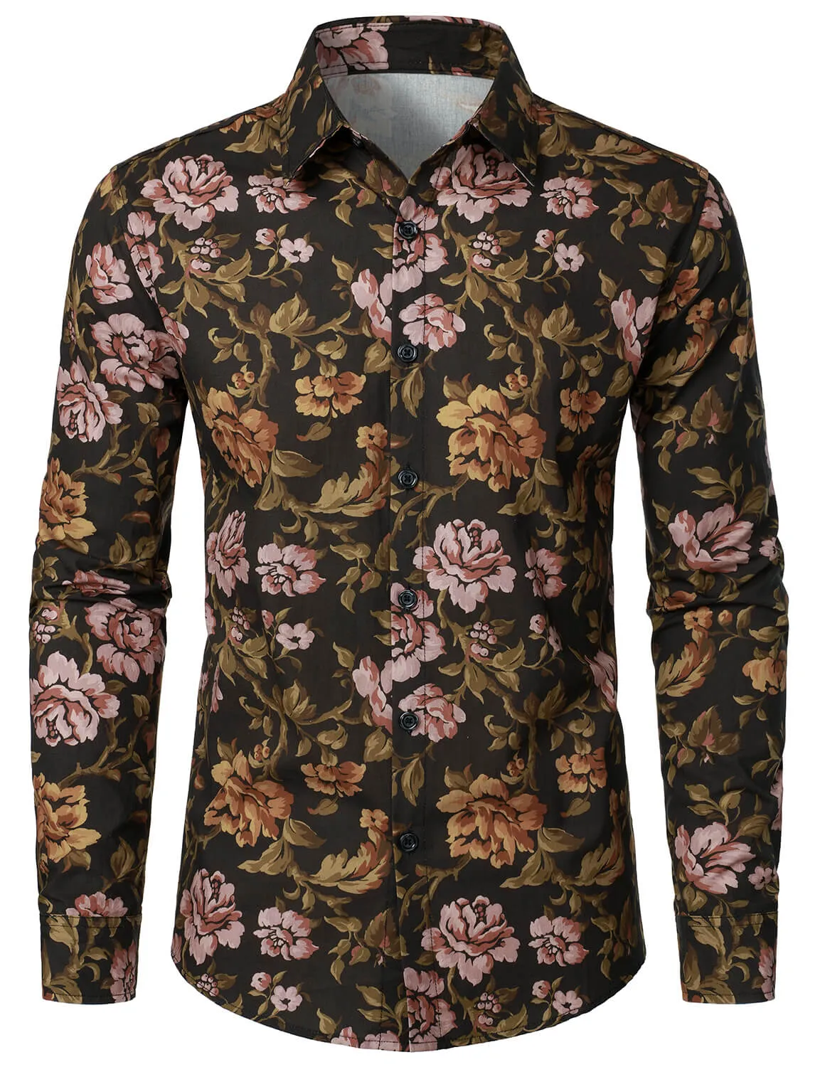 Men's Floral Cotton Button Up Vintage Long Sleeve Dress Shirt