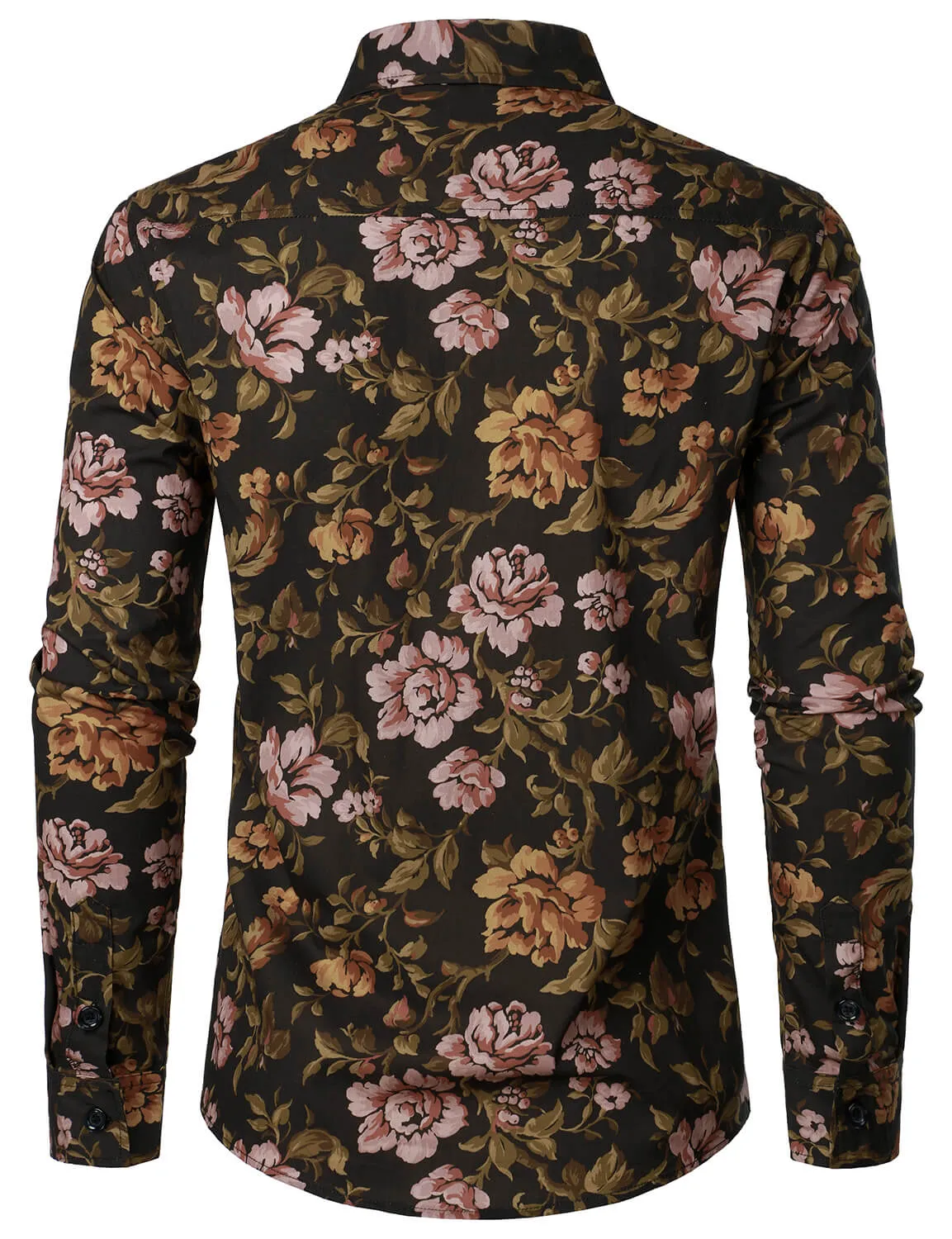 Men's Floral Cotton Button Up Vintage Long Sleeve Dress Shirt