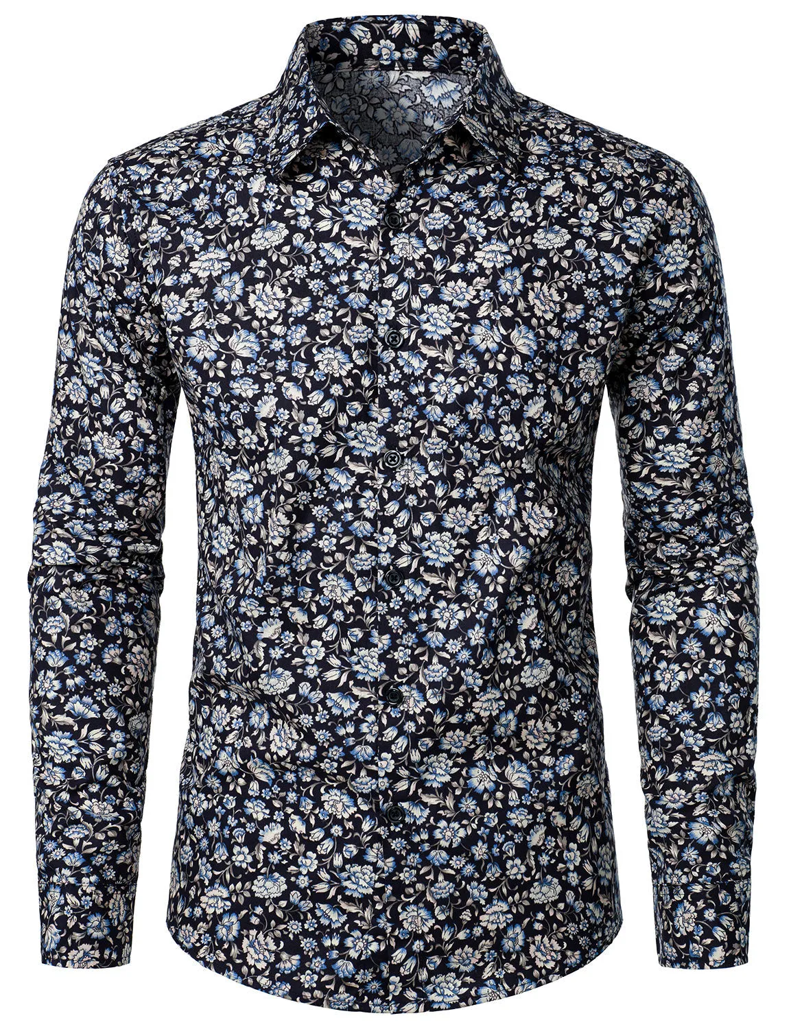 Men's Floral Print Navy Blue Button Up Long Sleeve Dress Shirt