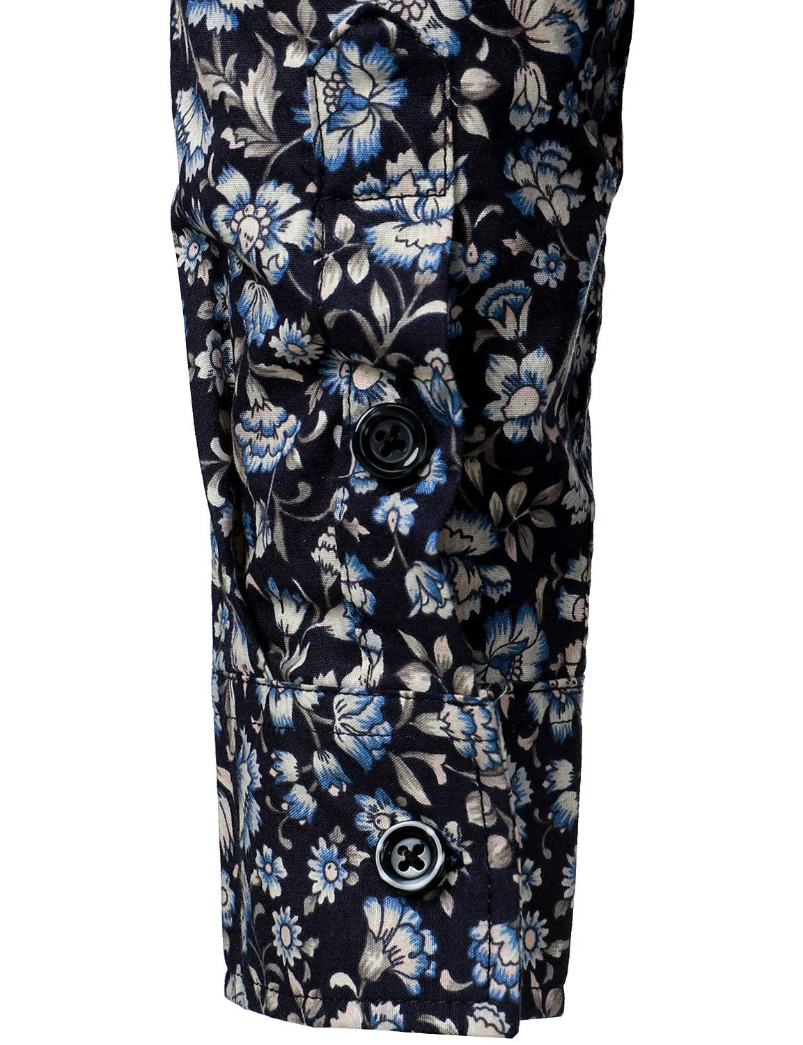 Men's Floral Print Navy Blue Button Up Long Sleeve Dress Shirt