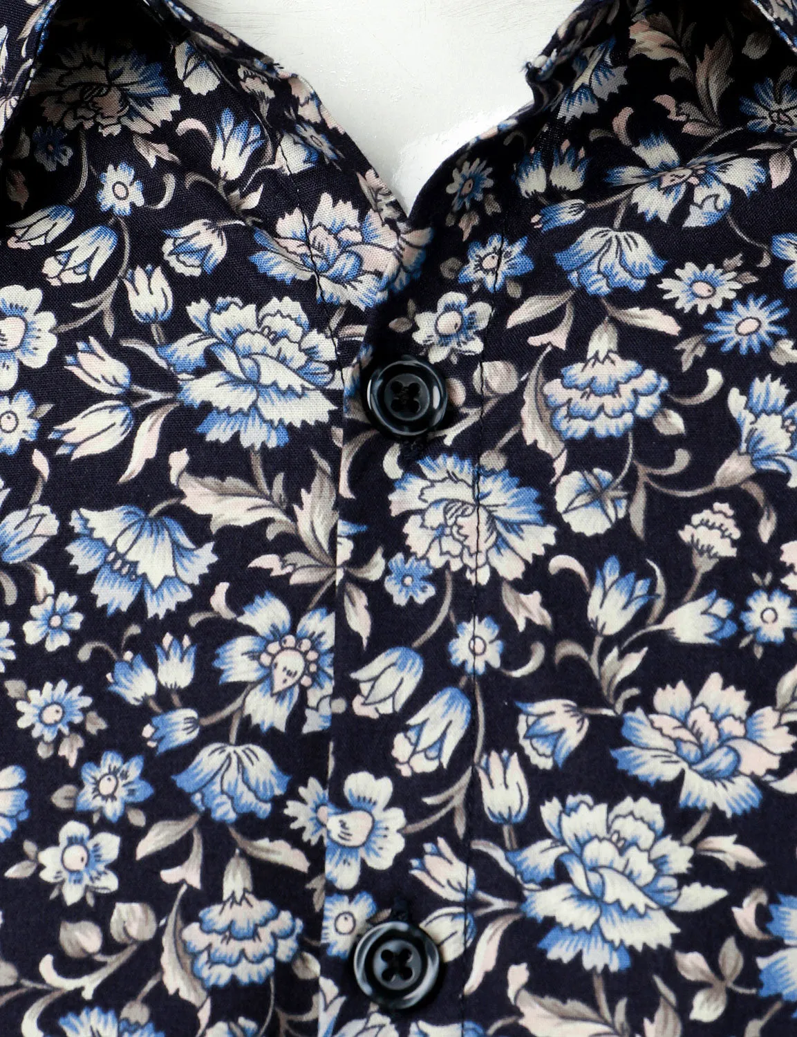 Men's Floral Print Navy Blue Button Up Long Sleeve Dress Shirt
