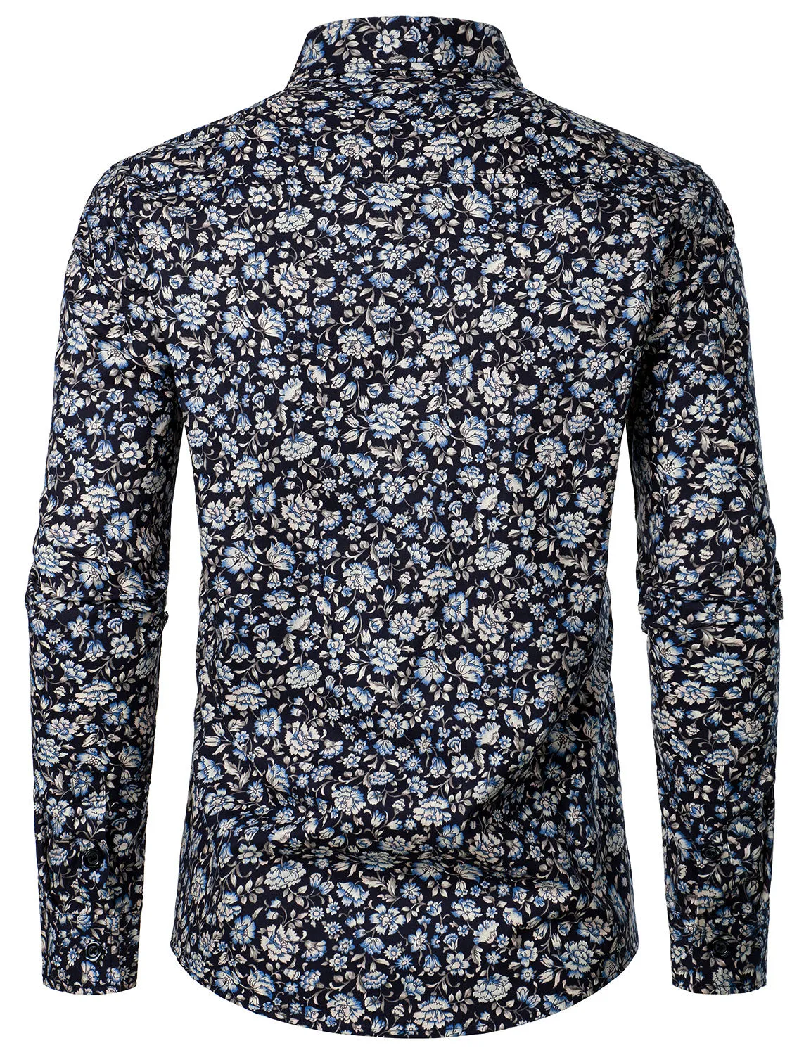 Men's Floral Print Navy Blue Button Up Long Sleeve Dress Shirt