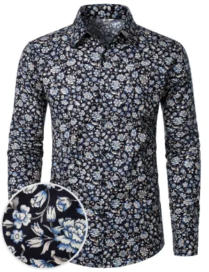 Men's Floral Print Navy Blue Button Up Long Sleeve Dress Shirt