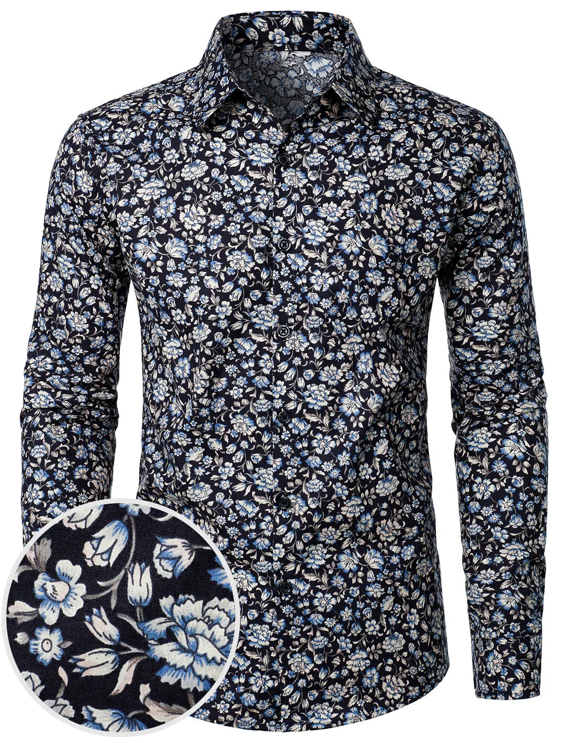Men's Floral Print Navy Blue Button Up Long Sleeve Dress Shirt
