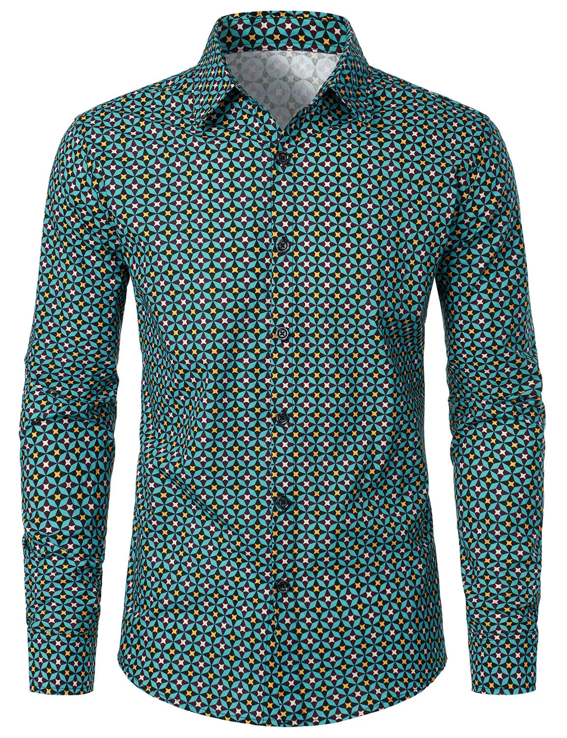 Men's Geometric Star Print Casual Long Sleeve Button Up Shirt
