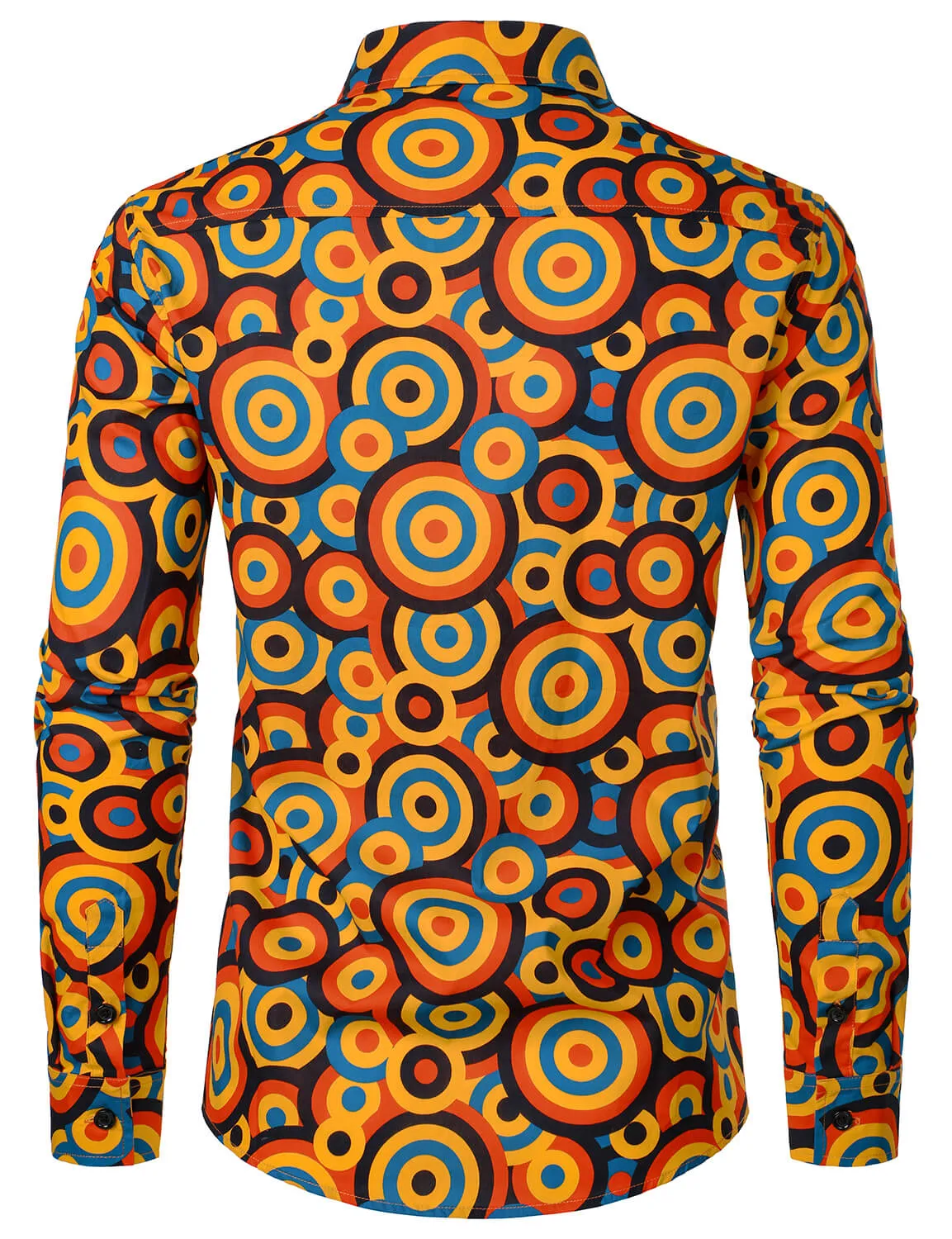 Men's Orange 70s Retro Button Up Vintage Geometric Circle Long Sleeve Shirt