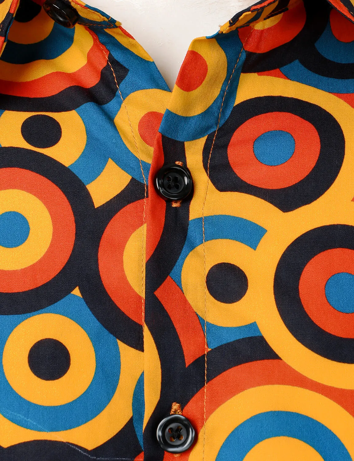 Men's Orange 70s Retro Button Up Vintage Geometric Circle Long Sleeve Shirt