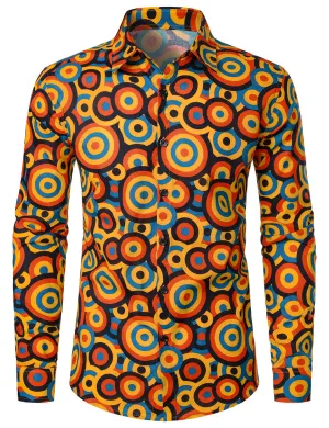 Men's Orange 70s Retro Button Up Vintage Geometric Circle Long Sleeve Shirt