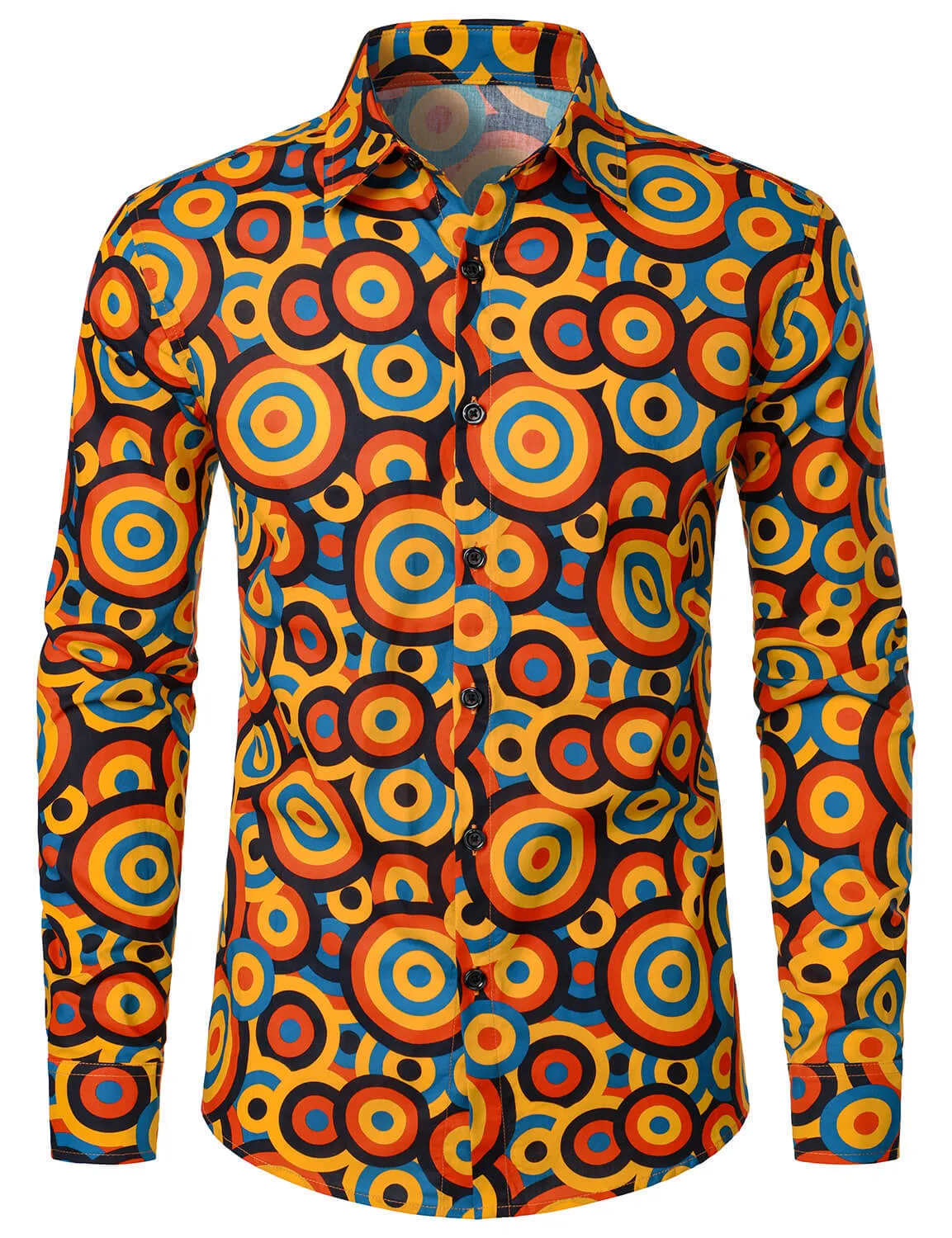 Men's Orange 70s Retro Button Up Vintage Geometric Circle Long Sleeve Shirt