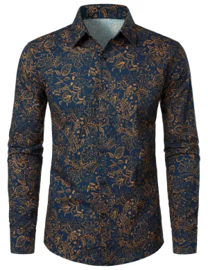 Men's Paisley Print Button Up Cotton Casual Long Sleeve Shirt