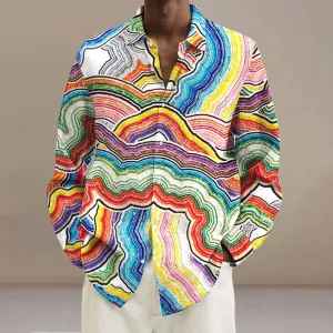 Men's rainbow line art print long-sleeved lapel shirt