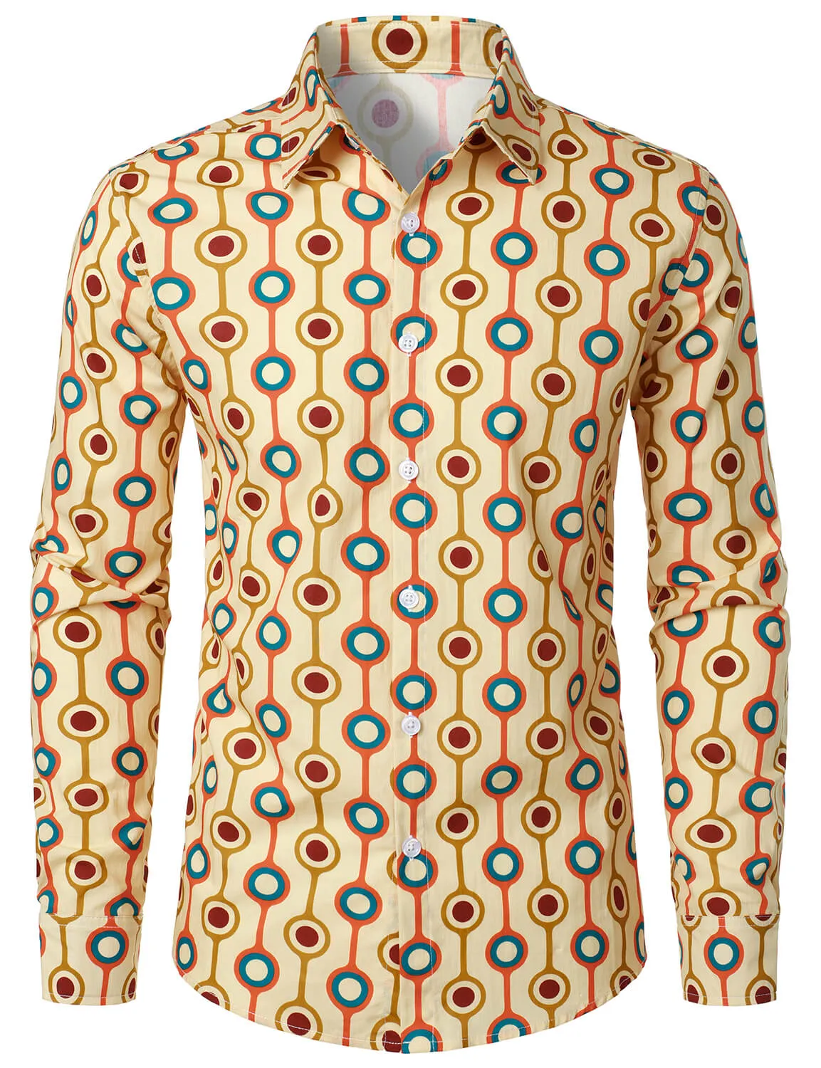 Men's Retro 70s Geometric Cotton Button Up Long Sleeve Shirt