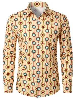 Men's Retro 70s Geometric Cotton Button Up Long Sleeve Shirt