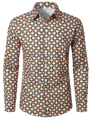 Men's Retro Button Up Vintage Geometric Circle Long Sleeve Shirt