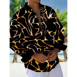 Men's Retro Geometric Art Print Button Pocket Long Sleeve Shirt