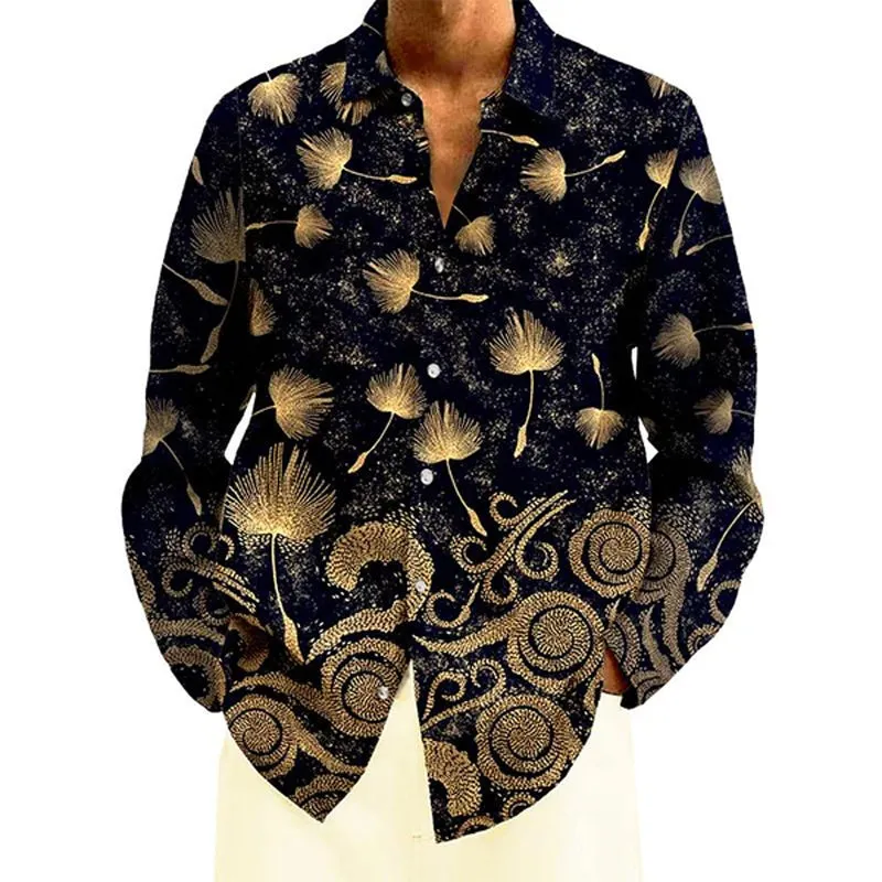 Men's Retro Leaf Print Long Sleeve Shirt
