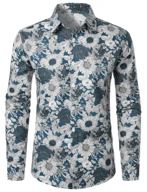 Men's Vintage Floral Cotton Button Up Long Sleeve Shirt