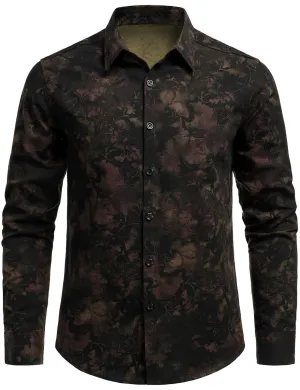 Men's Vintage Print Button Up Casual Long Sleeve Dress Shirt