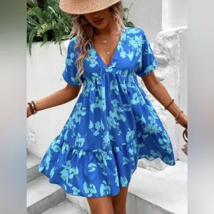 Monochromatic blue v neck boho short sleeve mini dress
