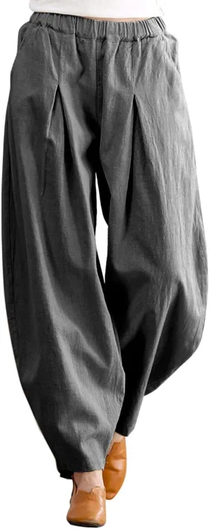 New IXIMO Women's Casual Cotton Linen Baggy Pants with Elastic Waist Relax Fit Lantern Trouser GREY Sz L Retails $65 