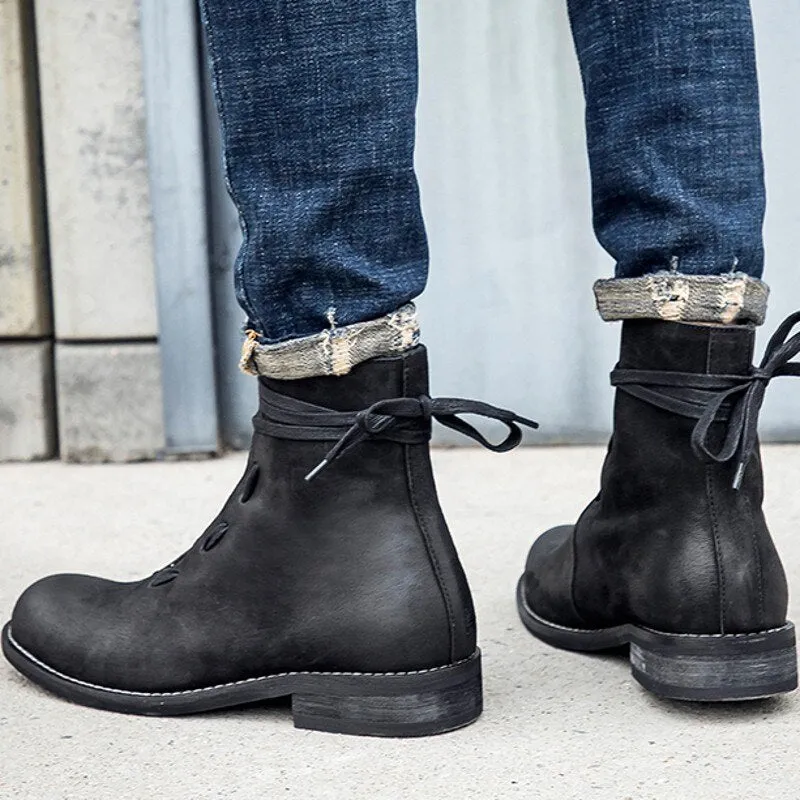 New Lace Up Round Toe Mens Scrub Cowhide Boots