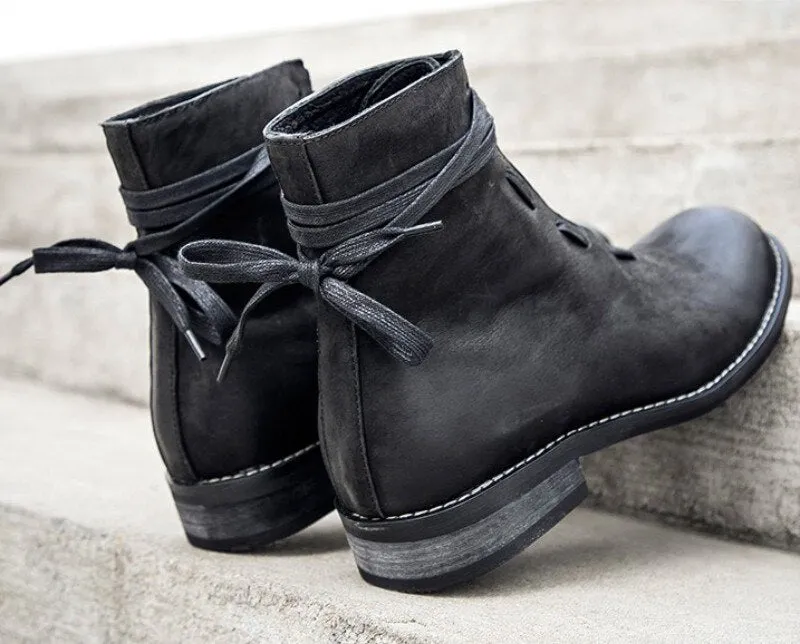 New Lace Up Round Toe Mens Scrub Cowhide Boots