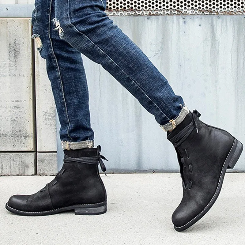 New Lace Up Round Toe Mens Scrub Cowhide Boots