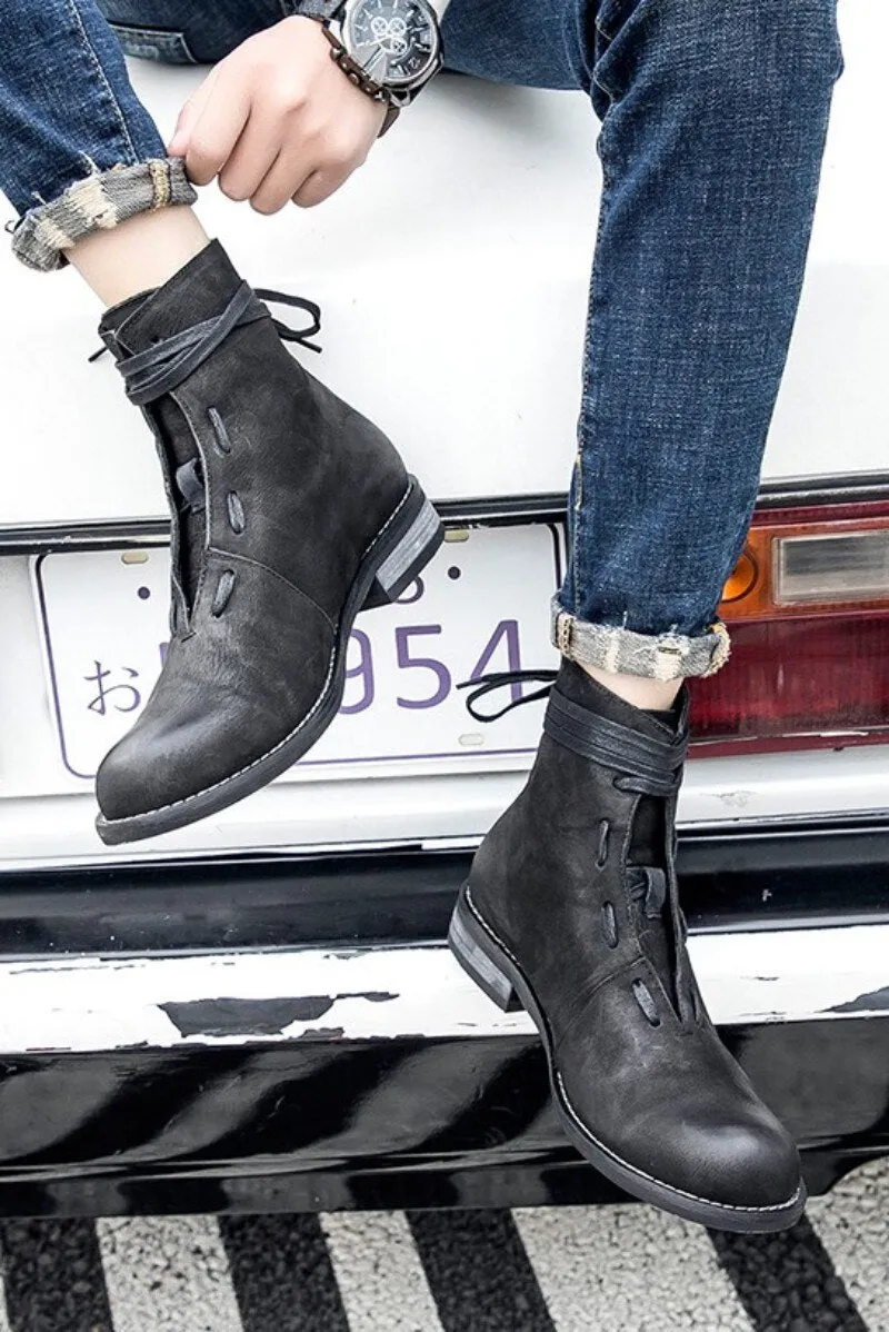 New Lace Up Round Toe Mens Scrub Cowhide Boots