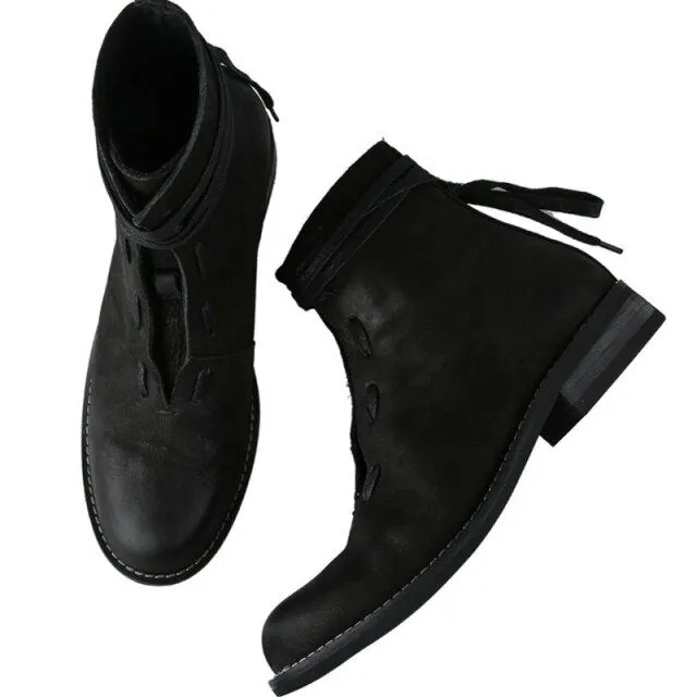 New Lace Up Round Toe Mens Scrub Cowhide Boots