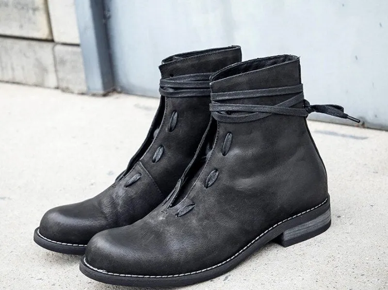 New Lace Up Round Toe Mens Scrub Cowhide Boots