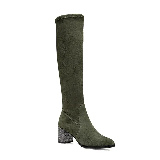 New Over The Knee Woman Boots Fashion High Quality Handmade Round Toe Square Heel Boots Solid Elegant Party Shoes