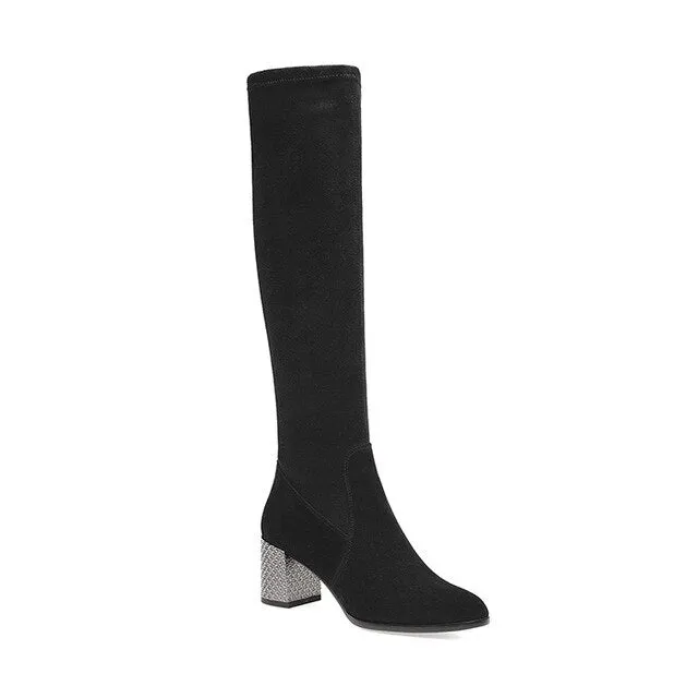 New Over The Knee Woman Boots Fashion High Quality Handmade Round Toe Square Heel Boots Solid Elegant Party Shoes