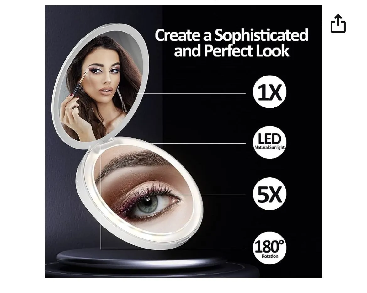 NEW SHEGINEL 1X/5X Compact Mirror with Light, LED Compact Mirror Rechargeable, LED Lighted Travel Makeup Mirror, Light Up Pocket Mirror for Travel