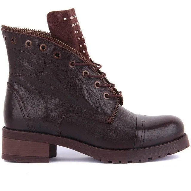New Women Genuine Leather Boots Winter Couple Ankle Boots Casual Lace Up Ladies Fashion Shoes Brown Botas Mujer