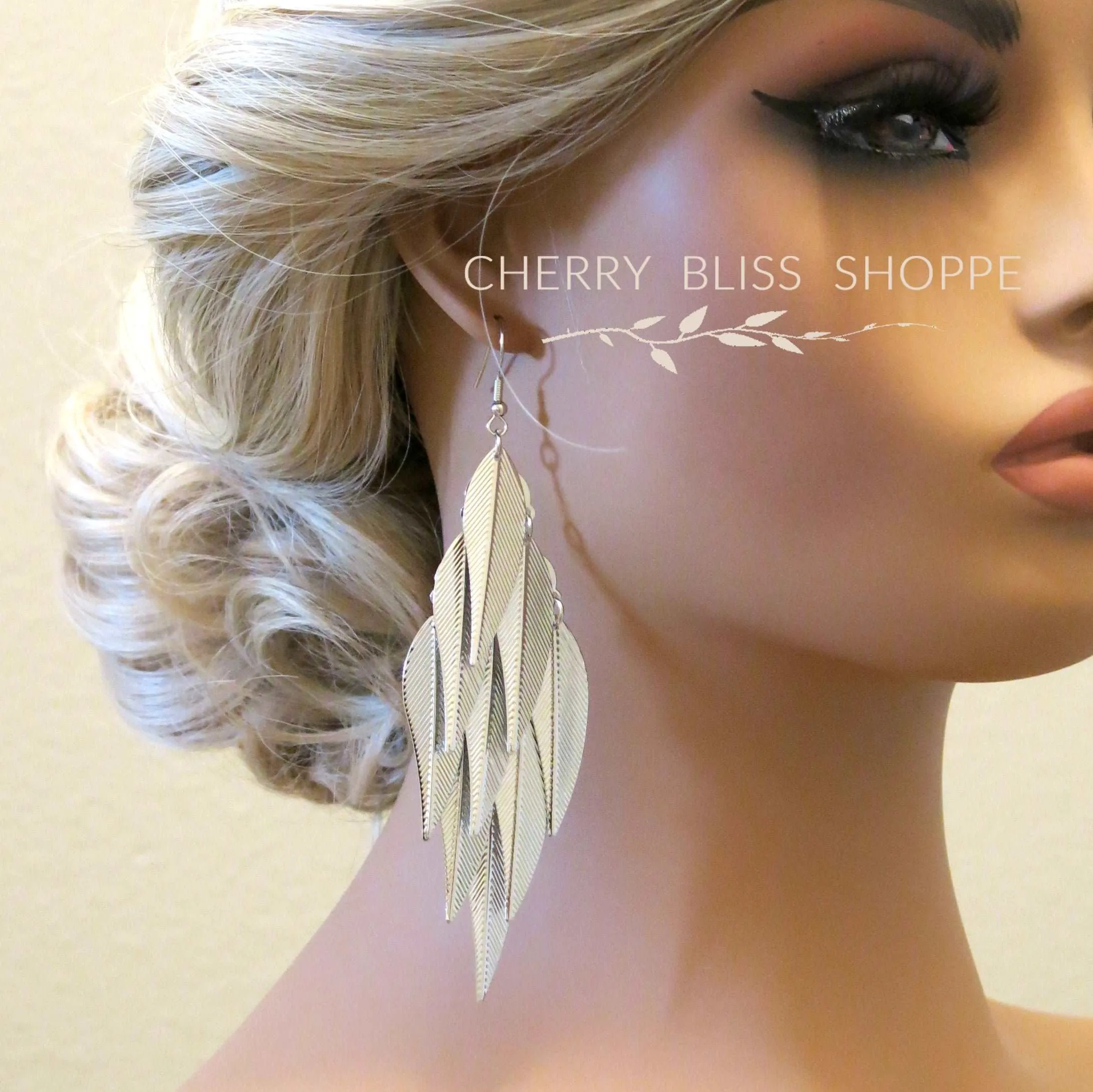 Oversized Gold Feather Tassel Earrings, Chandelier Dangle Bohemian Fashion Statement Layered Earrings