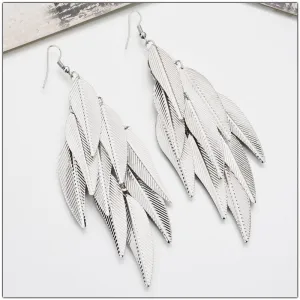 Oversized Gold Feather Tassel Earrings, Chandelier Dangle Bohemian Fashion Statement Layered Earrings