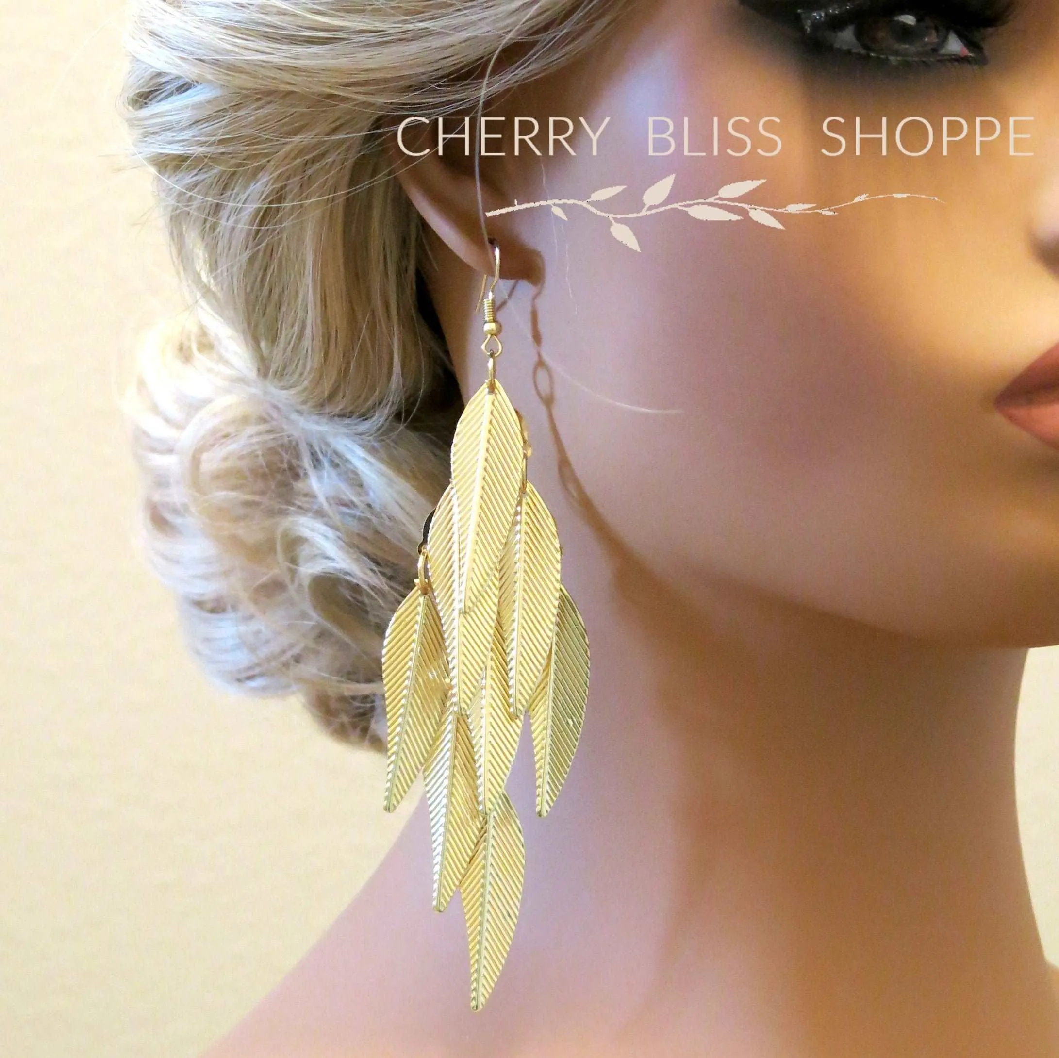 Oversized Gold Feather Tassel Earrings, Chandelier Dangle Bohemian Fashion Statement Layered Earrings